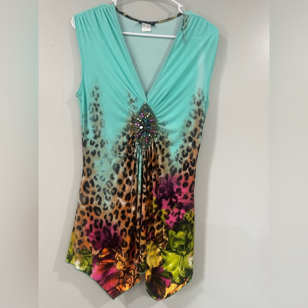 VENUS Bead Embellished Vibrant Color & Animal Print Asymmetrical Tank Blouse y2K - Picture 2 of 5